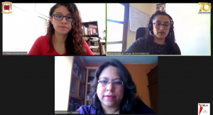 Captura de pantalla de tres académicas en videoconferencia