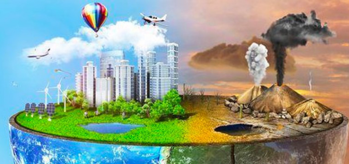 Ilustración de mundo dividido por un medio ambiente sano y uno dañado por comportamiento humano.
