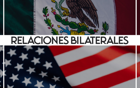 Gráfico sobre relaciones bilaterales y fondo de banderas de México y Estados Unidos